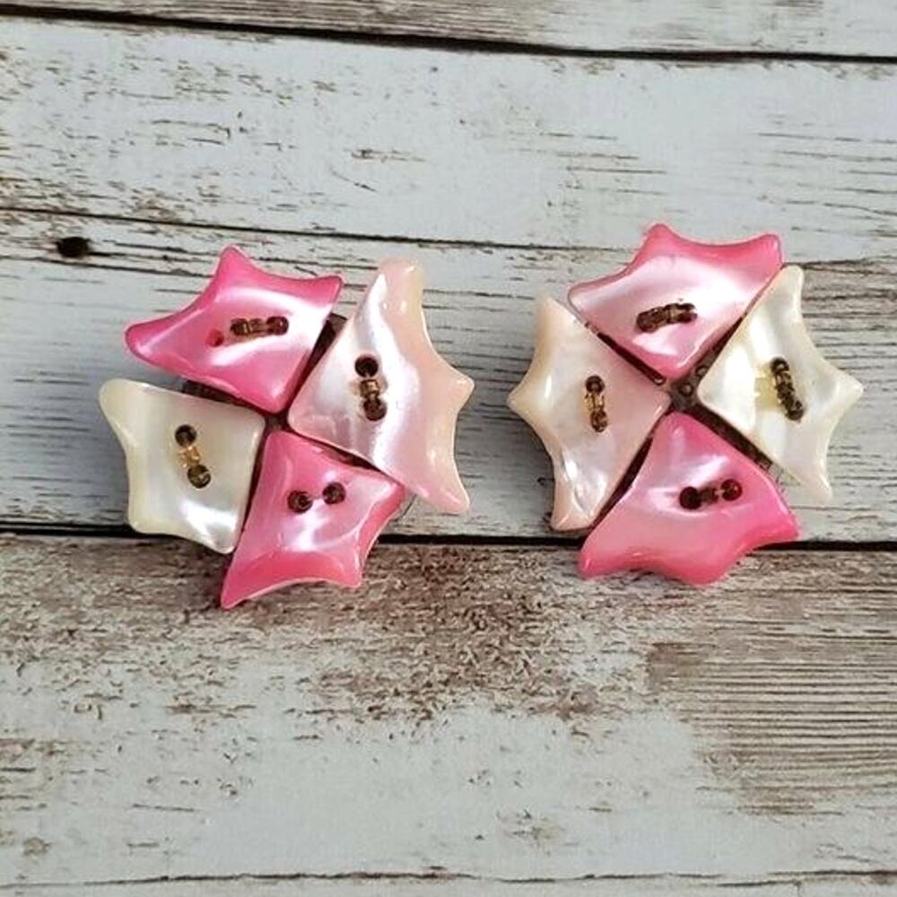 Vintage Clip On Earrings Large Pink & Cream Shell? with Beads